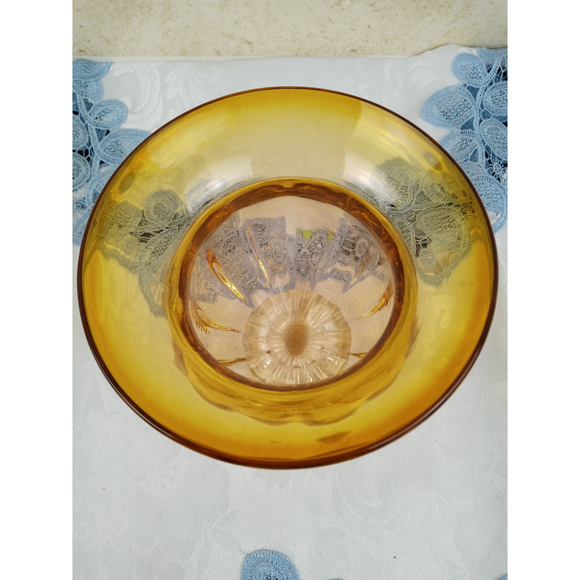 Blown Glass Compote Bowl/Candle Holder Amber Ribbed Bowl and Clear Pedestal 6" - Picture 4 of 6